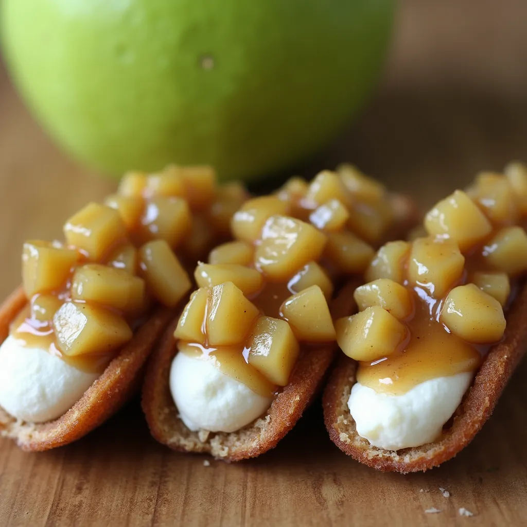 Delicious bite-sized cookie cups with vanilla cream and sweet caramelized apples on a wooden board