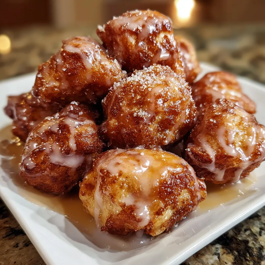 Homemade cinnamon apple fritters with glossy sweet glaze perfect for dessert