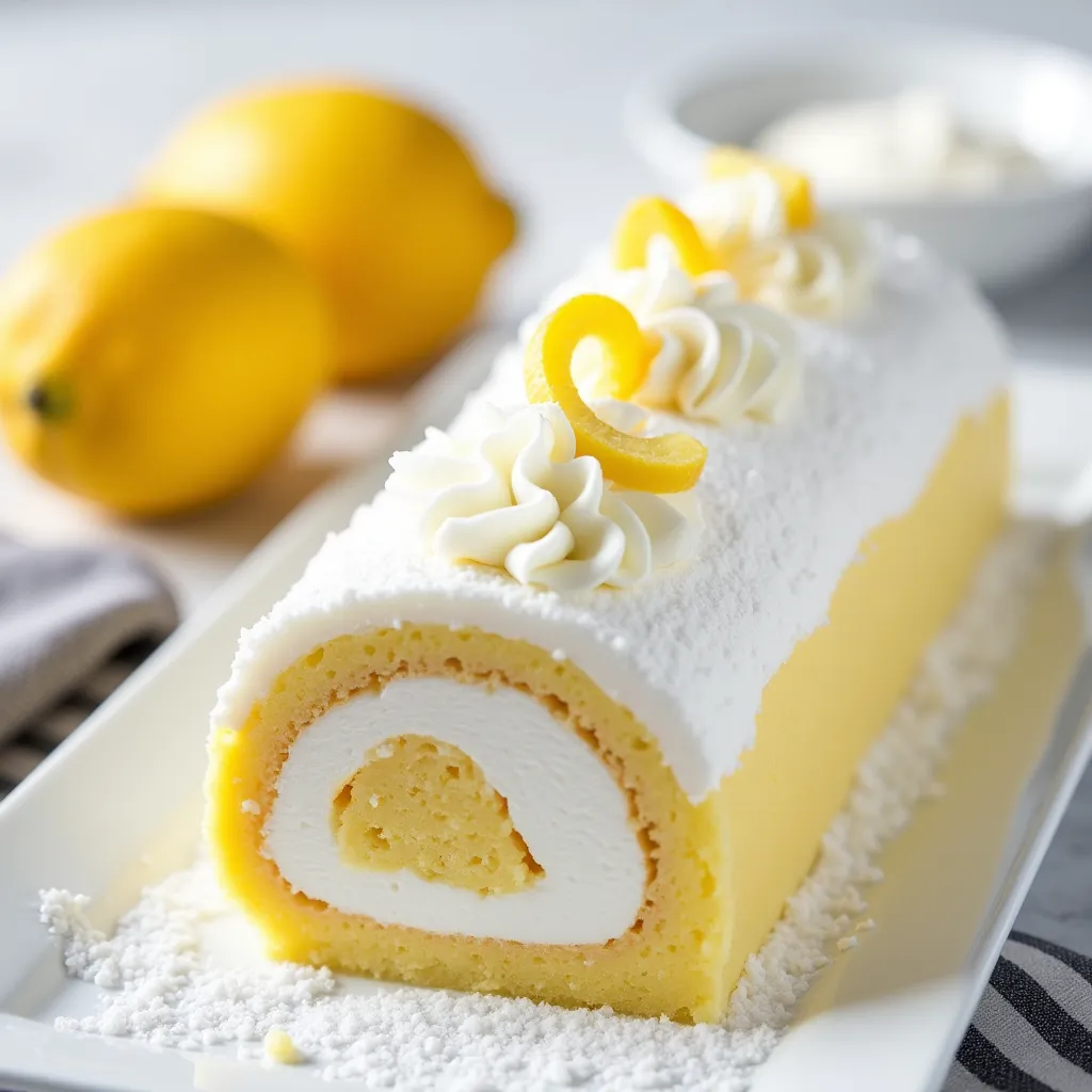 Elegant swiss roll cake with bright yellow lemon sponge and creamy white filling