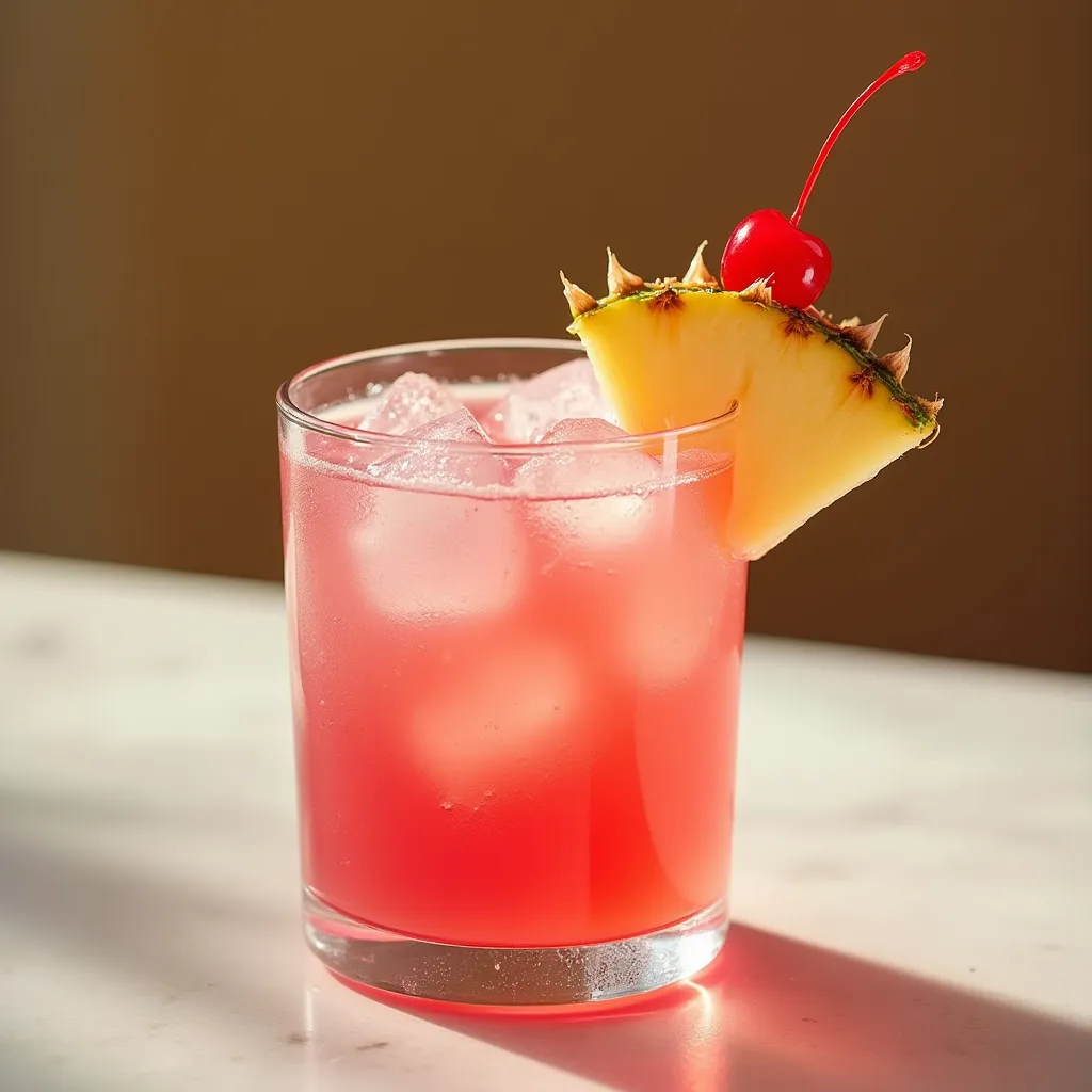 Tropical coral pink drink with ice cubes pineapple wedge garnish and maraschino cherry pick