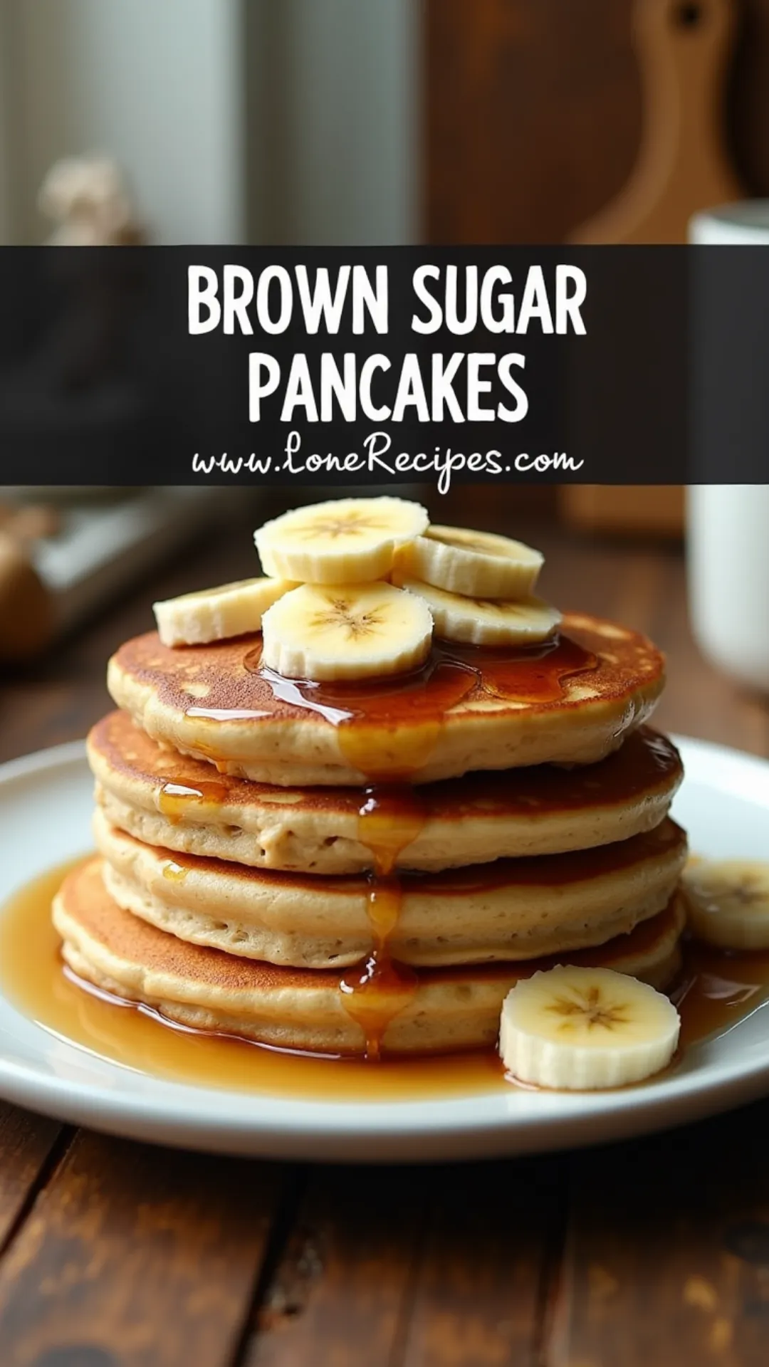 Fluffy homemade banana pancakes with caramelized brown sugar edges and maple syrup drizzle