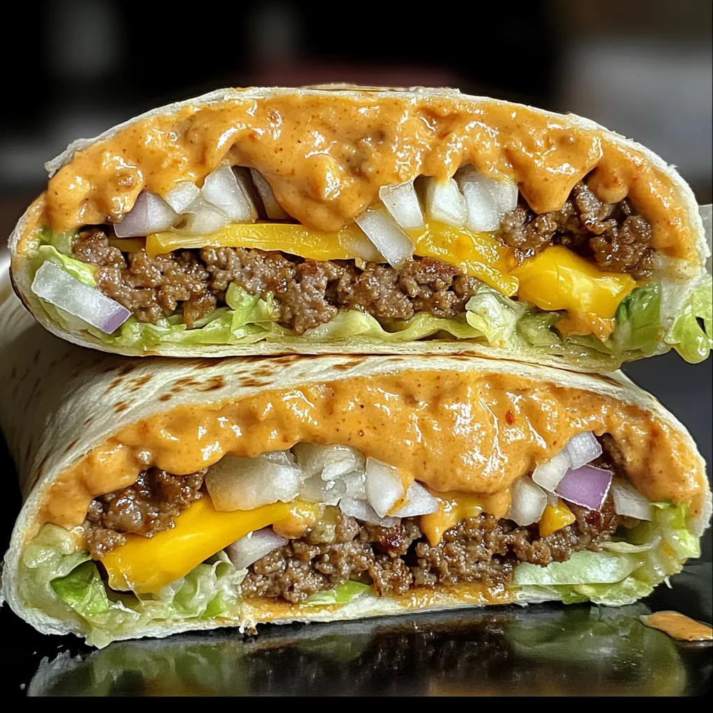 Golden grilled tortilla wraps filled with Big Mac inspired ingredients including ground beef, cheese sauce, crisp lettuce and diced onions stacked and ready to eat
