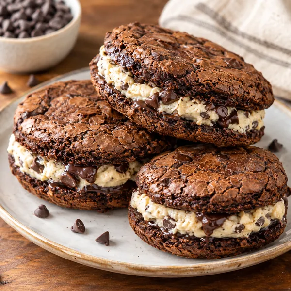 Stacked brownie cookie dough sandwich cookies with visible mini chips