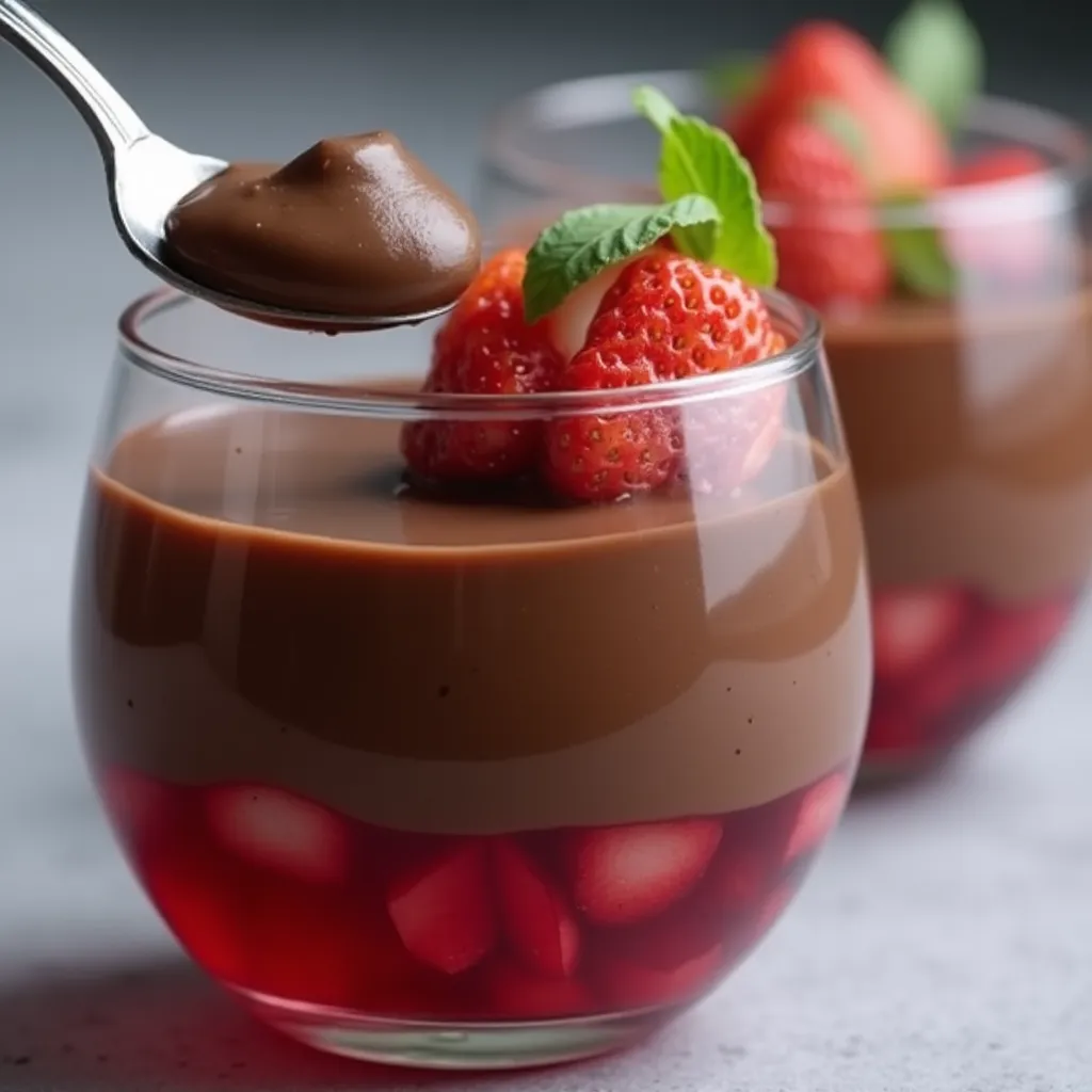 Decadent chocolate dessert with bright red strawberry layer and fresh fruit garnish