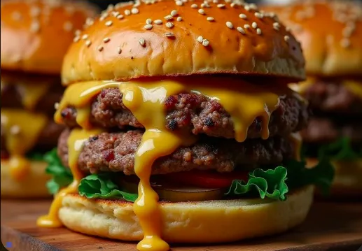 Mouthwatering homemade burger with two beef patties, American cheese, fresh vegetables, and sesame seed bun