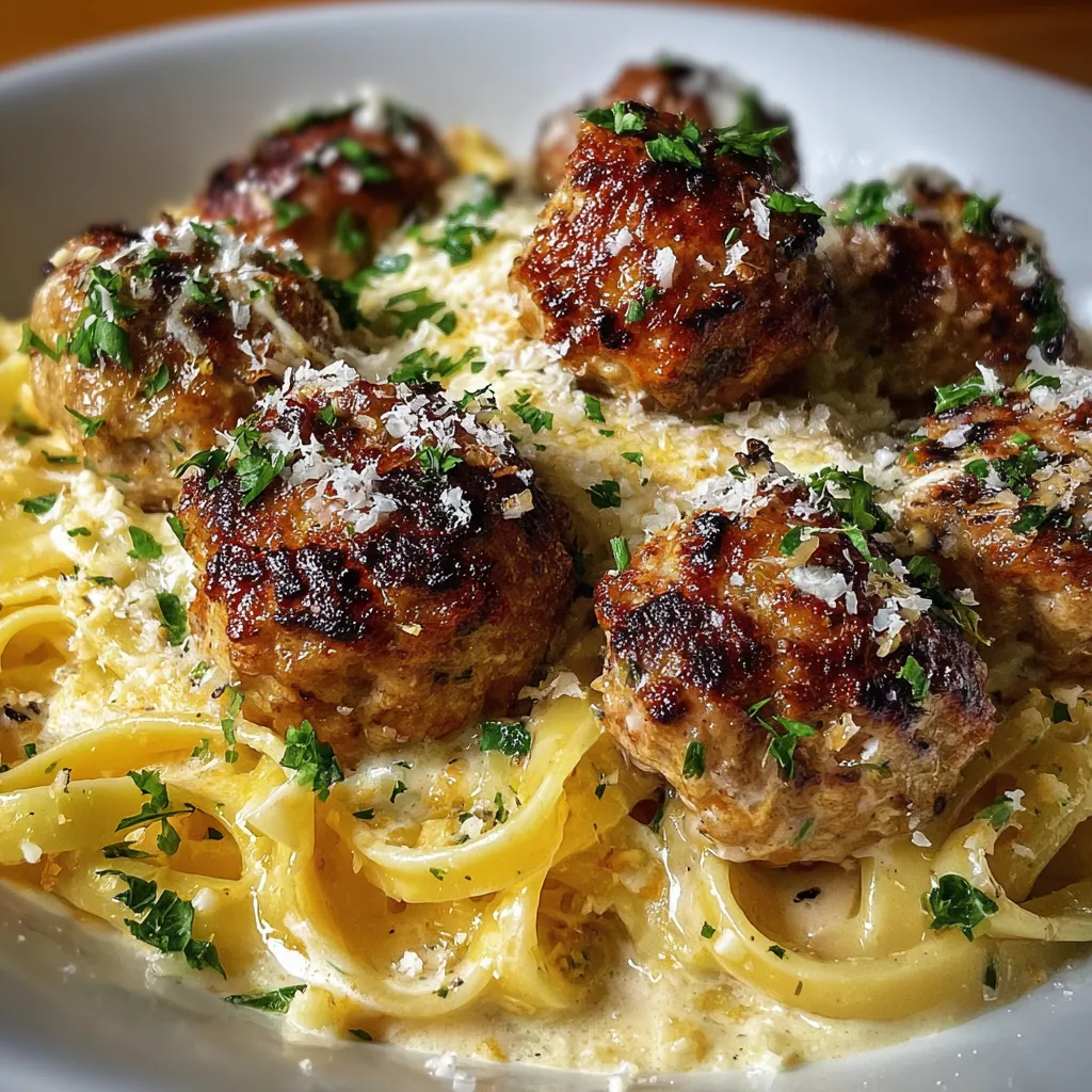 Perfectly seared meatballs in rich garlic butter sauce over silky linguine noodles with grated cheese