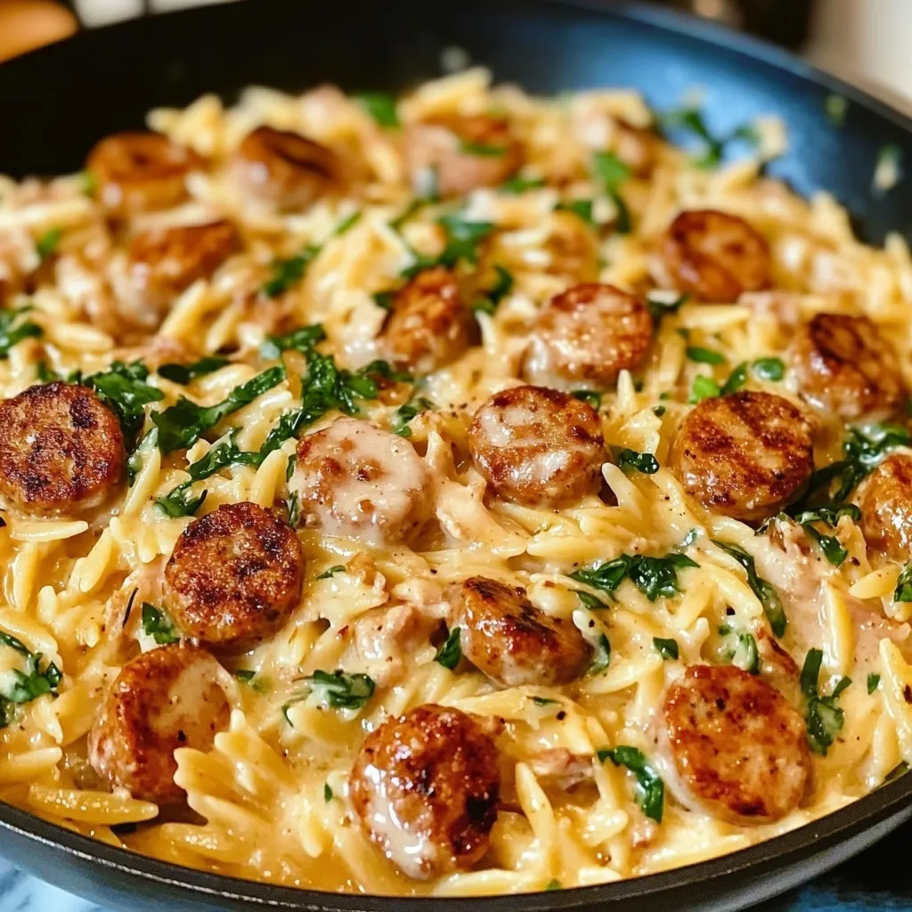 One pan chicken sausage orzo skillet with creamy sauce, golden sausage slices and vibrant green spinach
