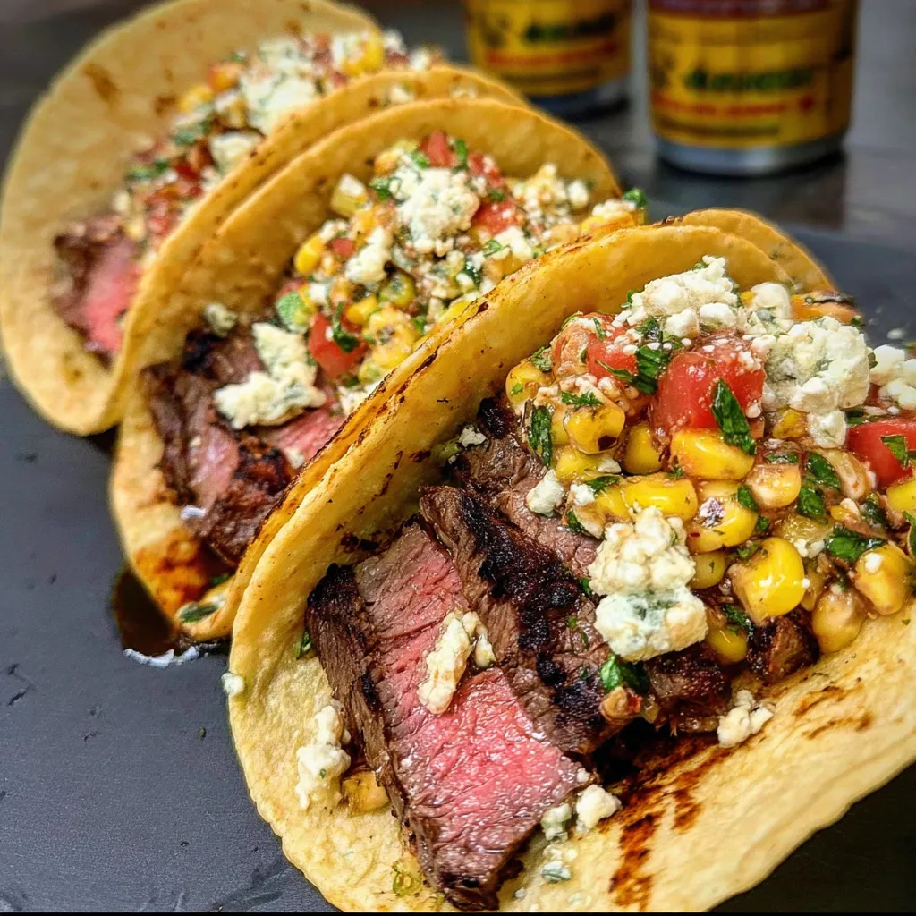 Close-up of tender steak tacos topped with fresh corn salsa and herbs