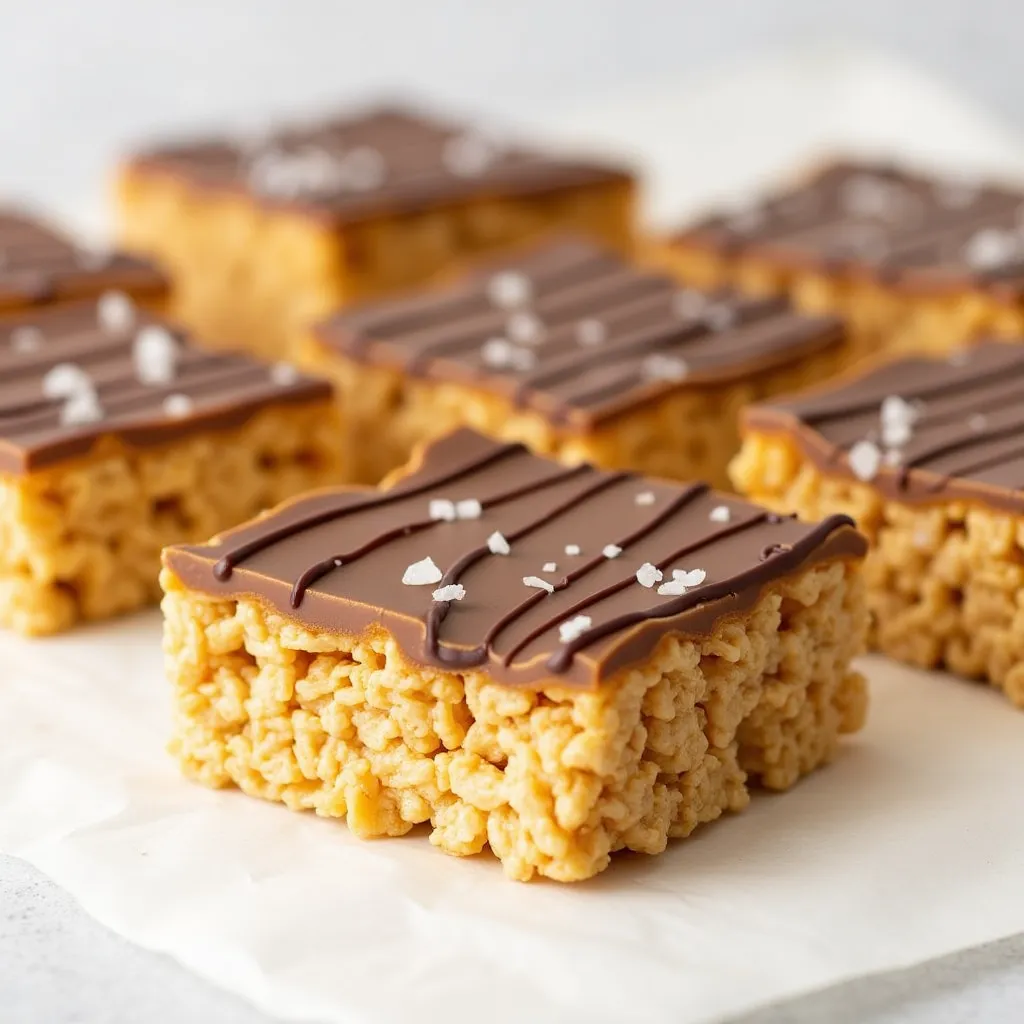 Gooey caramel topped rice cereal bars with dark chocolate and sea salt