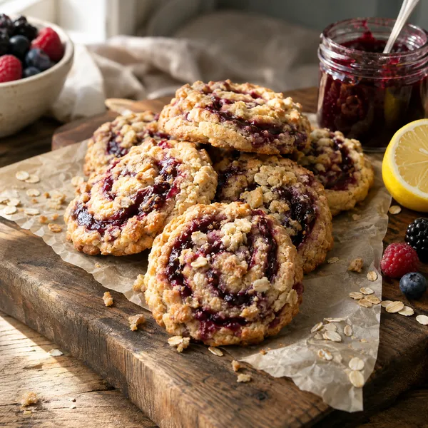 A stack of Swirl Berry Crumble Cookies on a wooden board