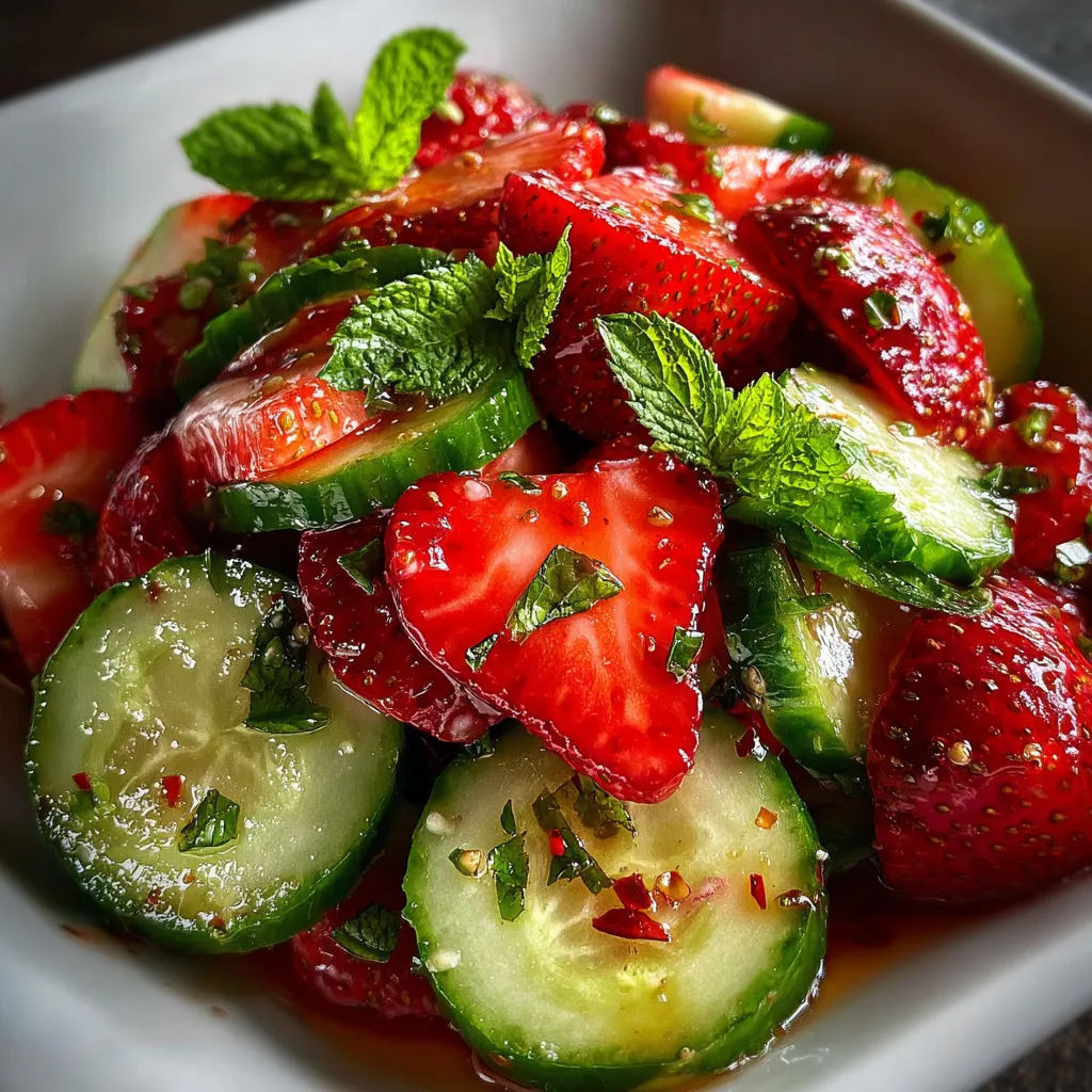 Colorful summer salad featuring sliced cucumbers and strawberries garnished with fresh mint