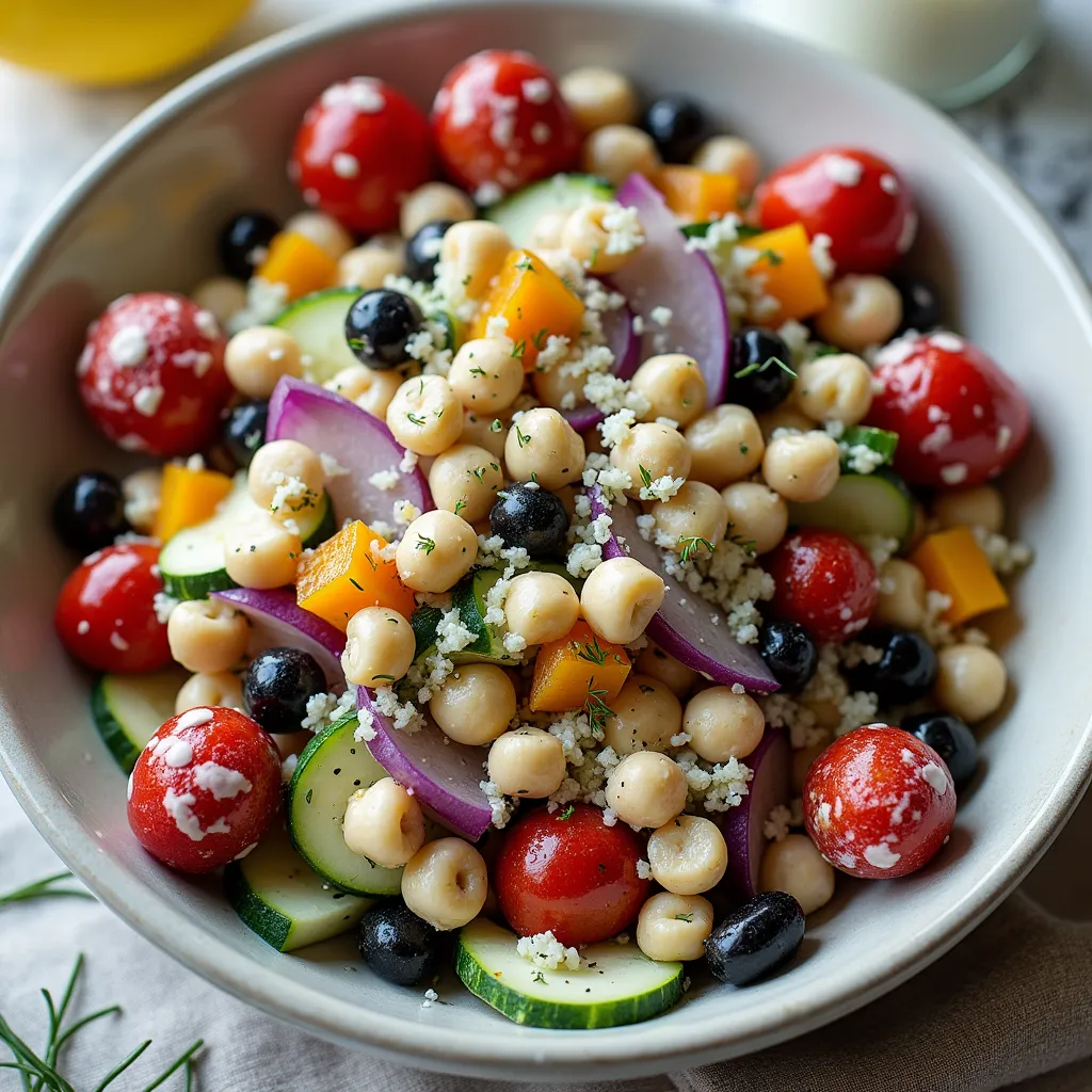 Protein-rich chickpea salad with fresh vegetables, kalamata olives, and crumbled feta in a zesty lemon dressing.