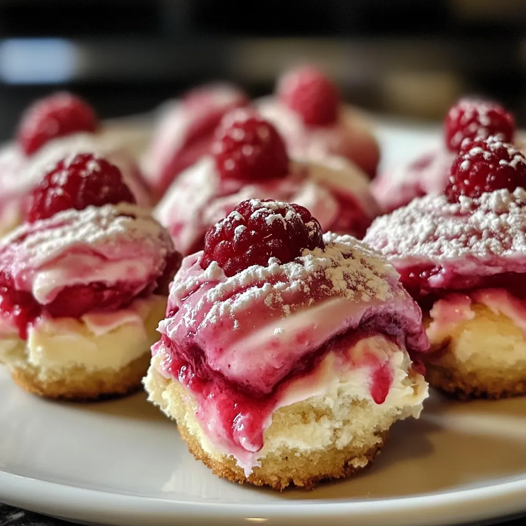 Elegant raspberry cream cheese bites on white plate with beautiful pink swirl filling and fresh berry garnish
