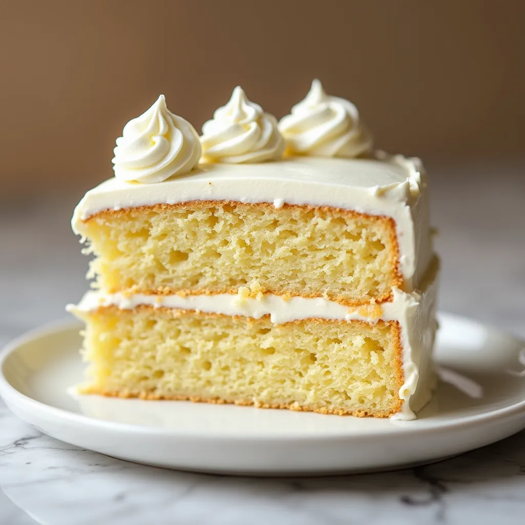 Fluffy vanilla cake layers with white cream filling and decorative piped cream topping