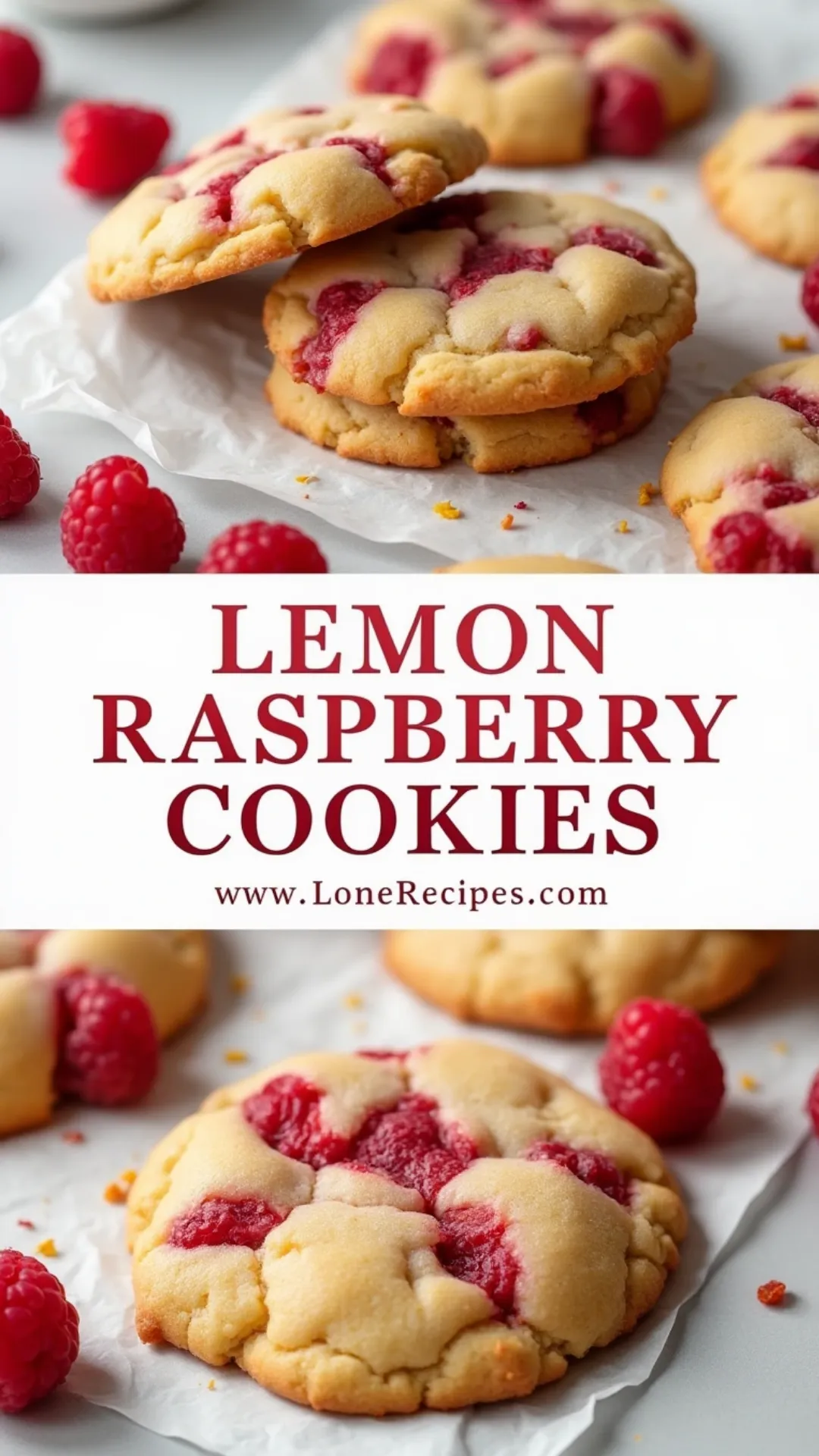 Homemade lemon raspberry cookies with beautiful marbled patterns and golden edges on white background