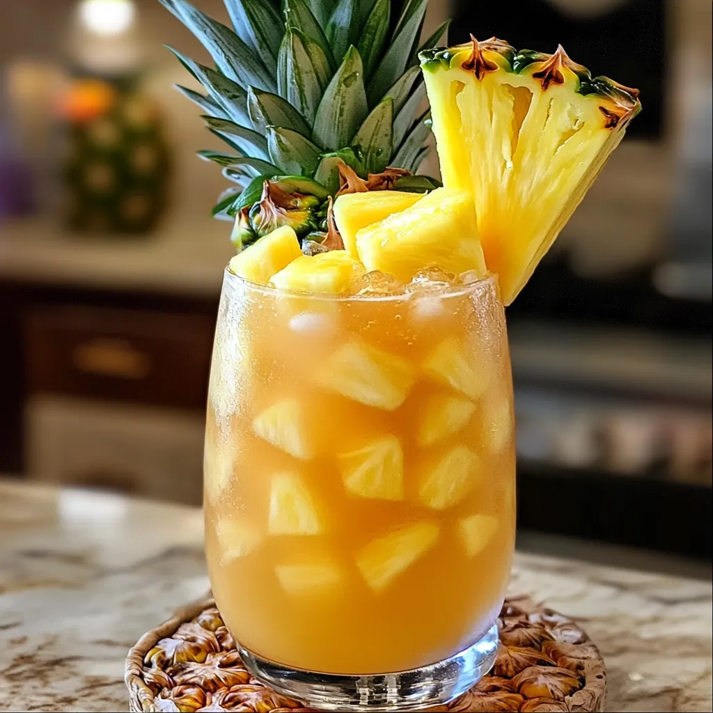 Refreshing summer beverage with vibrant yellow color garnished with pineapple wedges and mint leaves