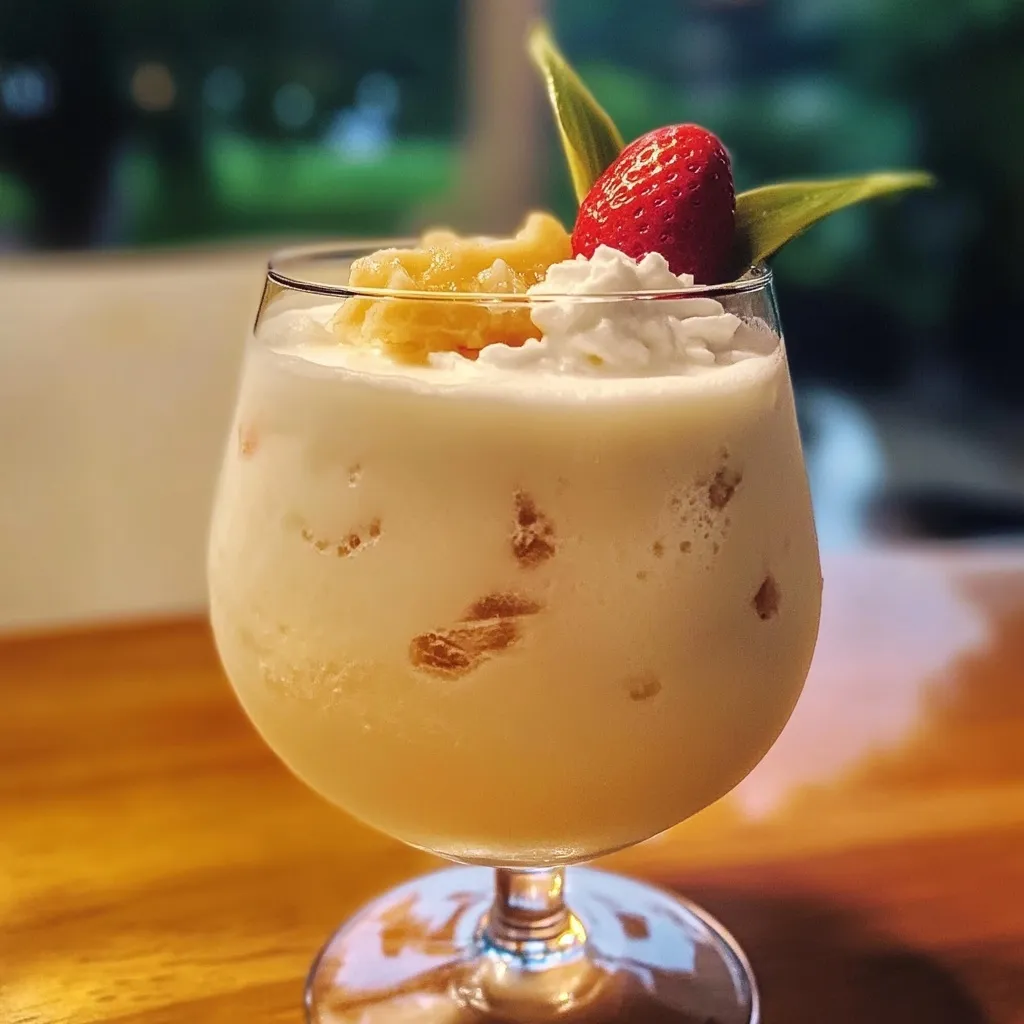 Creamy Baileys colada cocktail in hurricane glass garnished with pineapple wedge and cherry