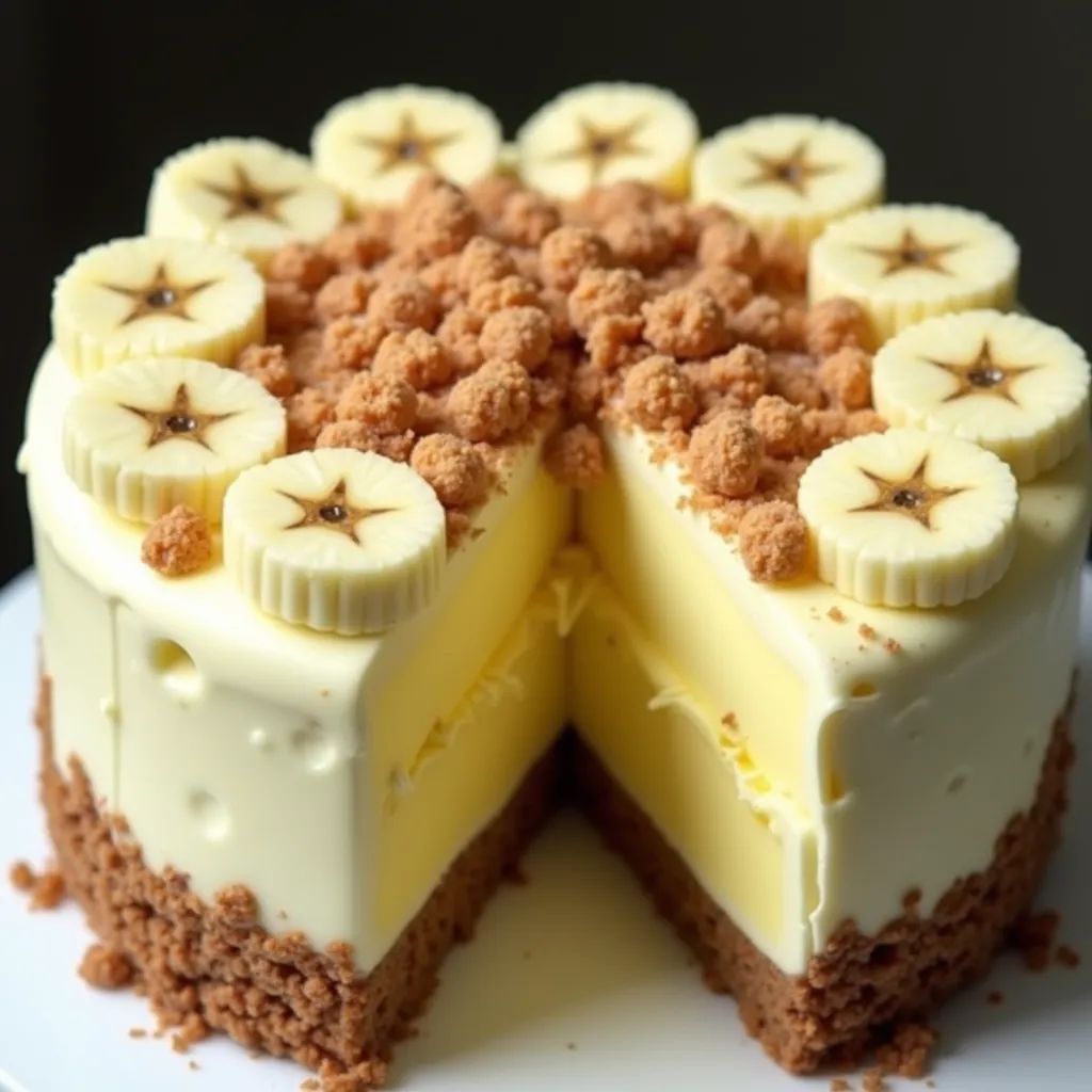 Decadent banana pudding cheesecake topped with fresh banana slices and crunchy cinnamon streusel.