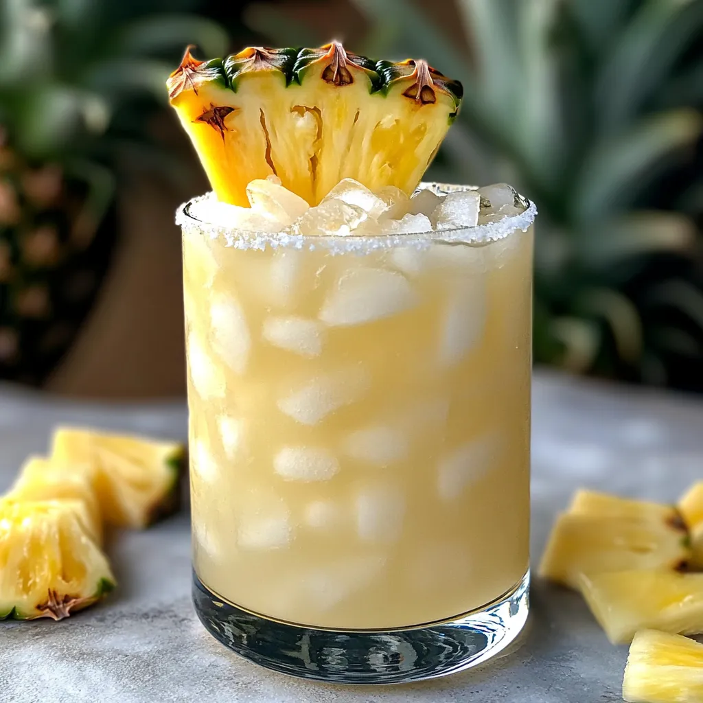 Refreshing homemade pineapple coconut margarita cocktail with tropical garnish on wooden serving board