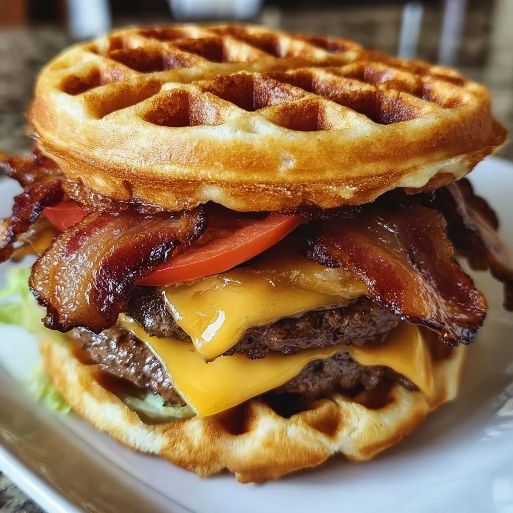Indulgent waffle cheeseburger with melted cheese crispy bacon and fresh lettuce