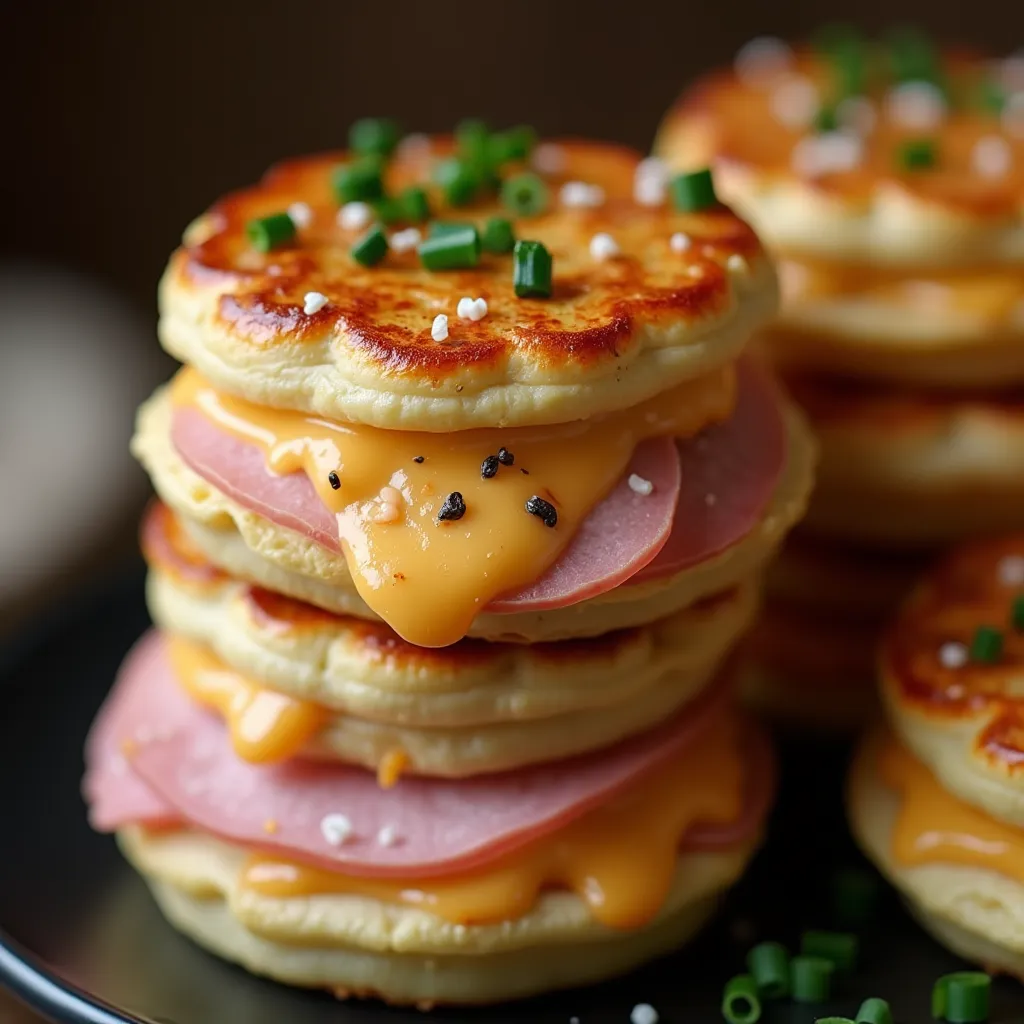 Gourmet breakfast stack featuring golden pancakes, premium ham, and cheese sauce
