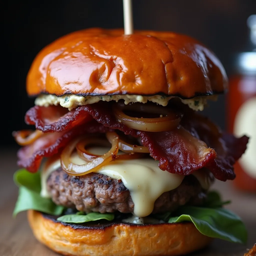Towering bacon cheeseburger with caramelized onions, blue cheese crumbles, and fresh greens served on a glossy brioche bun