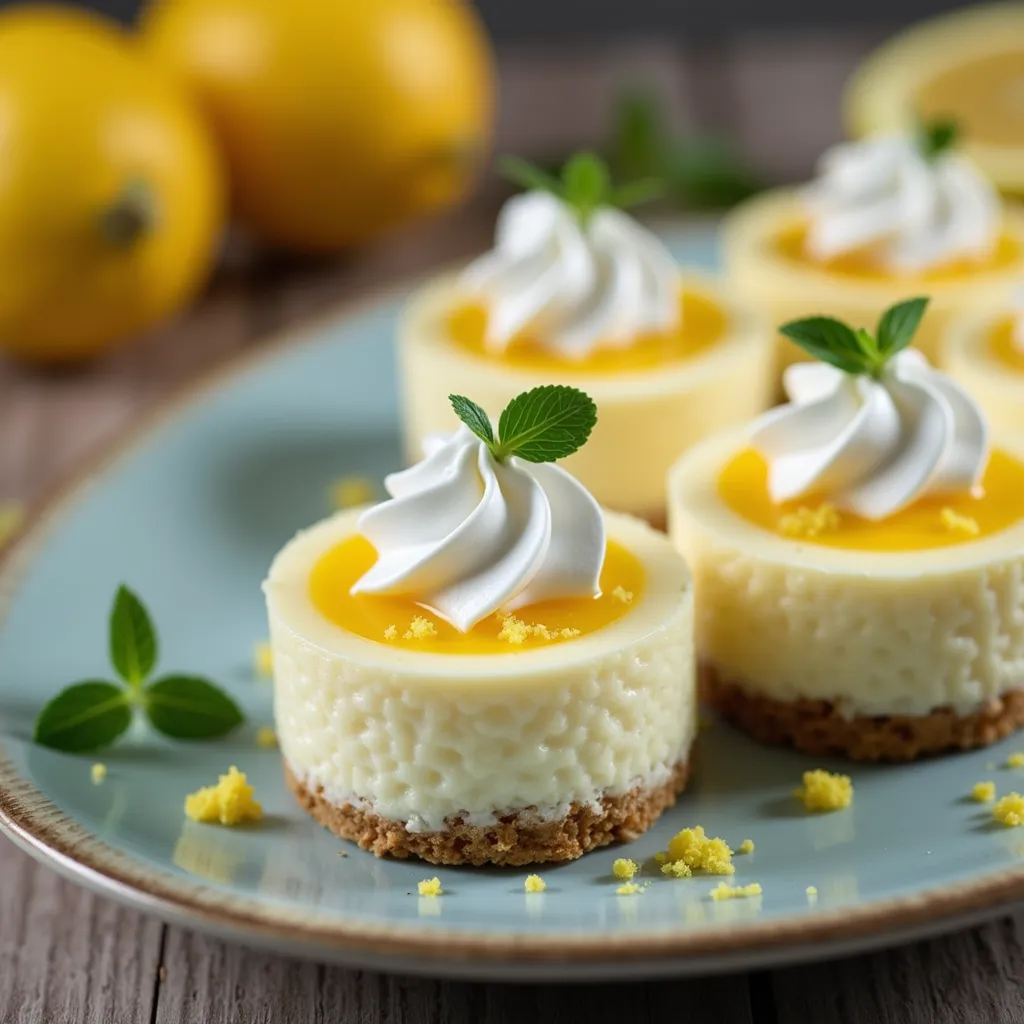 Creamy mini cheesecakes with tangy lemon curd topping on a graham cracker base