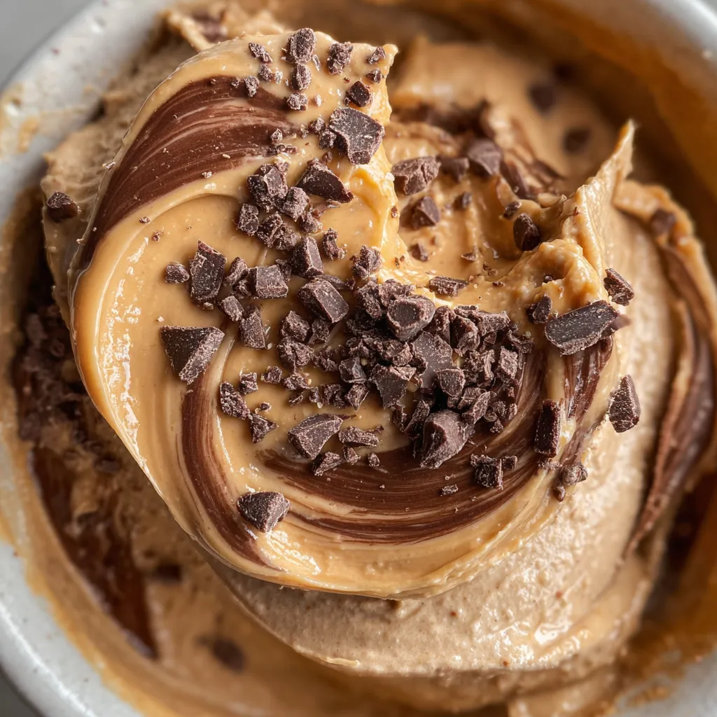 Homemade frozen dessert with rich peanut butter and chocolate swirls topped with chunks