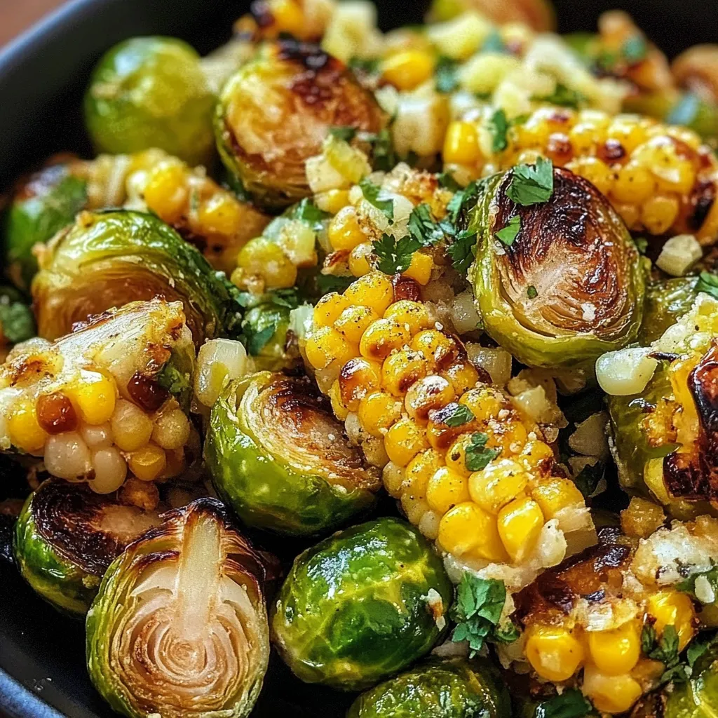 Beautifully caramelized Brussels sprouts tossed with Mexican street corn ingredients including lime, chili powder and cheese creating a colorful side dish