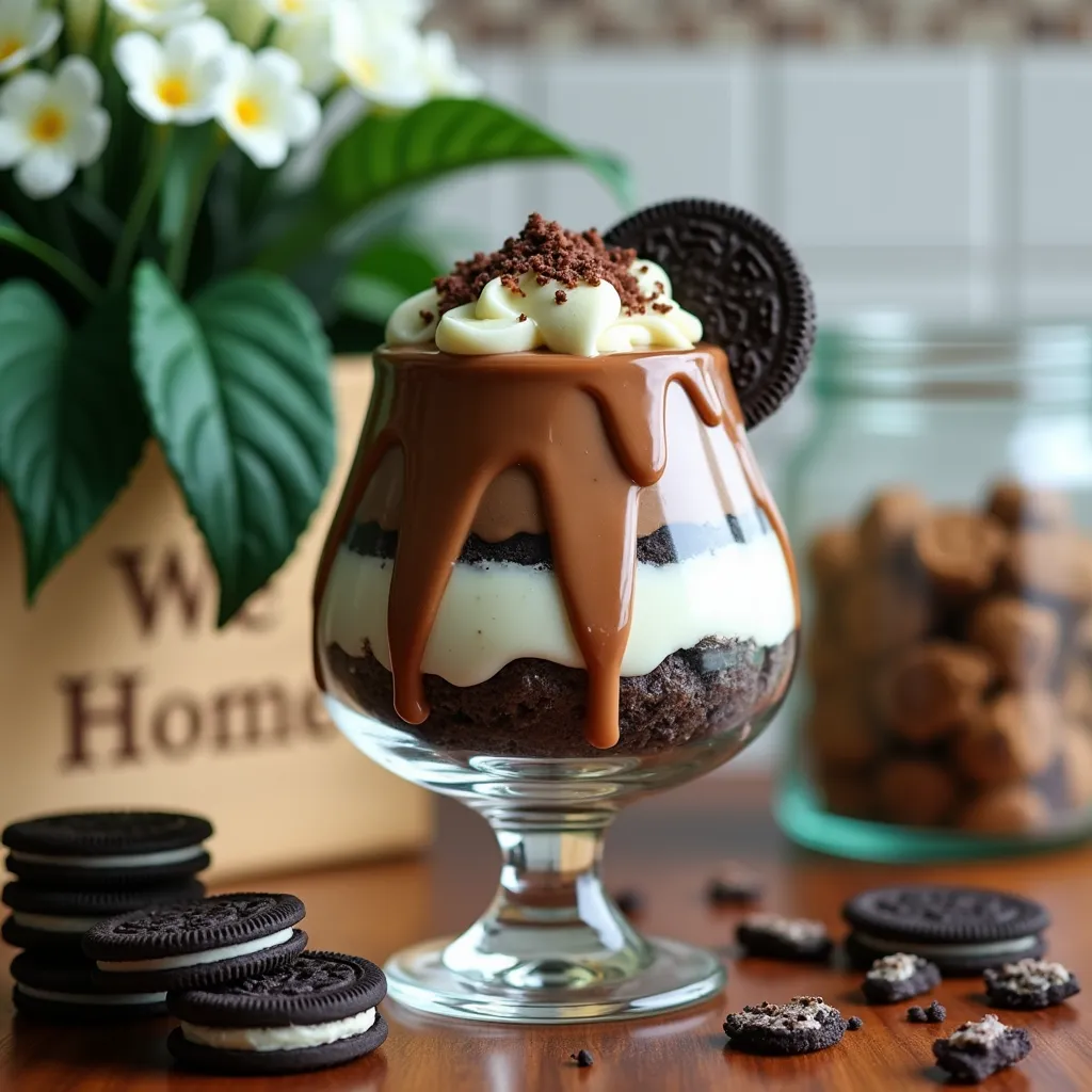 Decadent layered dessert with chocolate cake, creamy filling, Oreo cookies, and rich chocolate ganache served in a fancy glass.