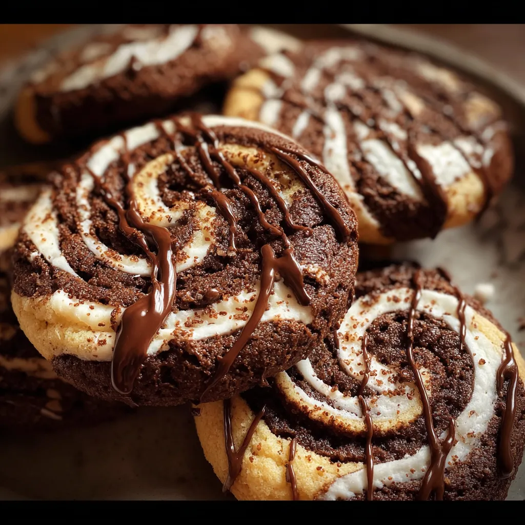 Decadent chocolate cookies featuring beautiful white marshmallow swirls and chocolate sauce drizzle