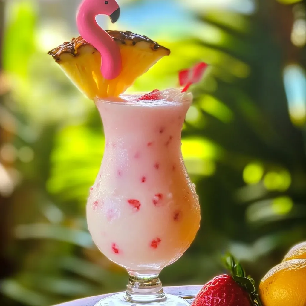 Two beautiful pink pina colada cocktails garnished with pineapple wedges and maraschino cherries
