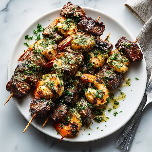 Steak Shrimp Chimichurri Skewers