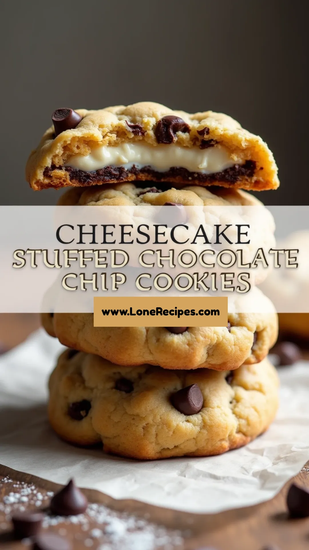 Homemade cheesecake stuffed cookies showing melted chocolate chips and cream cheese center