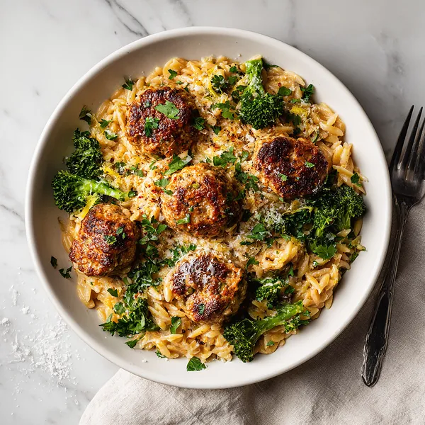 Lemon Orzo Meatball Skillet