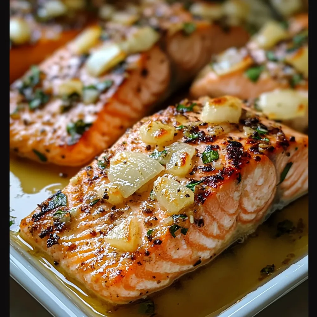 Golden baked salmon fillets with caramelized garlic butter sauce and fresh parsley