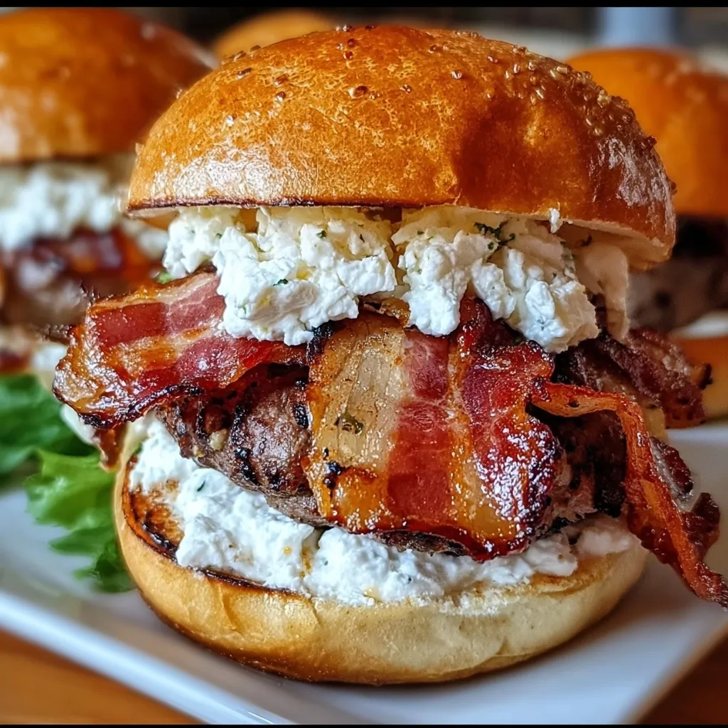 Gourmet bacon burger with creamy white sauce and golden brioche bun on wooden board