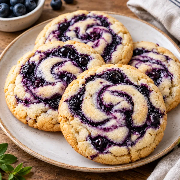 A soft cookie with a tangy cream cheese swirl and vivid blueberry ribbons