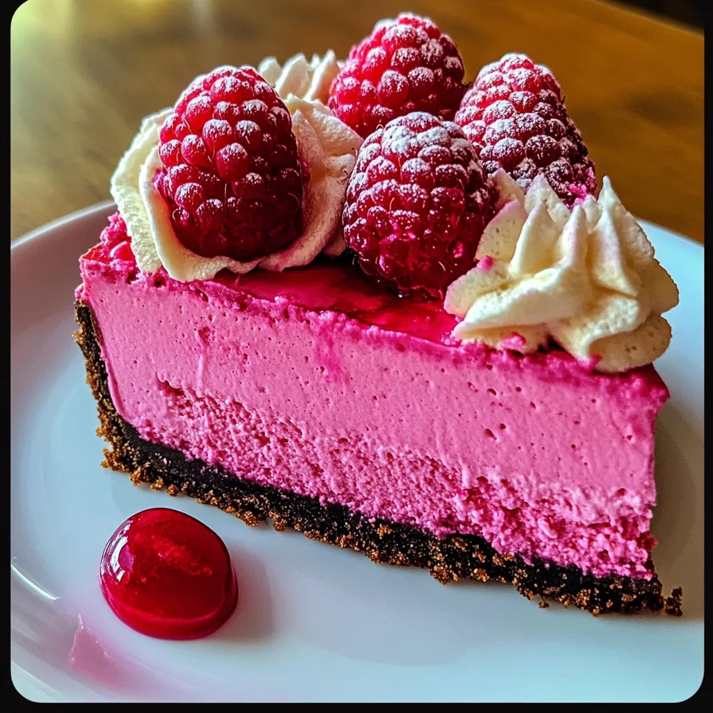 Elegant no-bake raspberry cheesecake topped with glazed raspberries on white plate