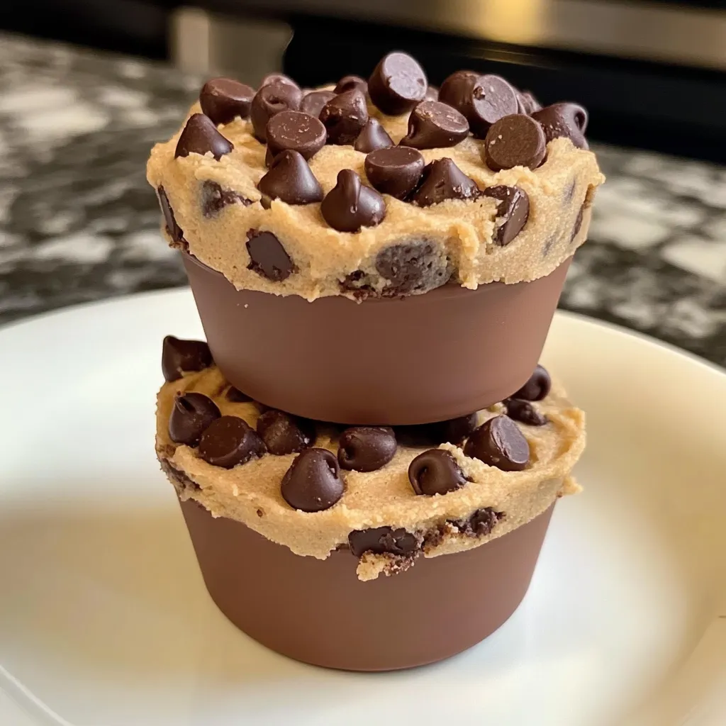 Two decadent dessert cups filled with edible cookie dough and topped with mini chocolate chips