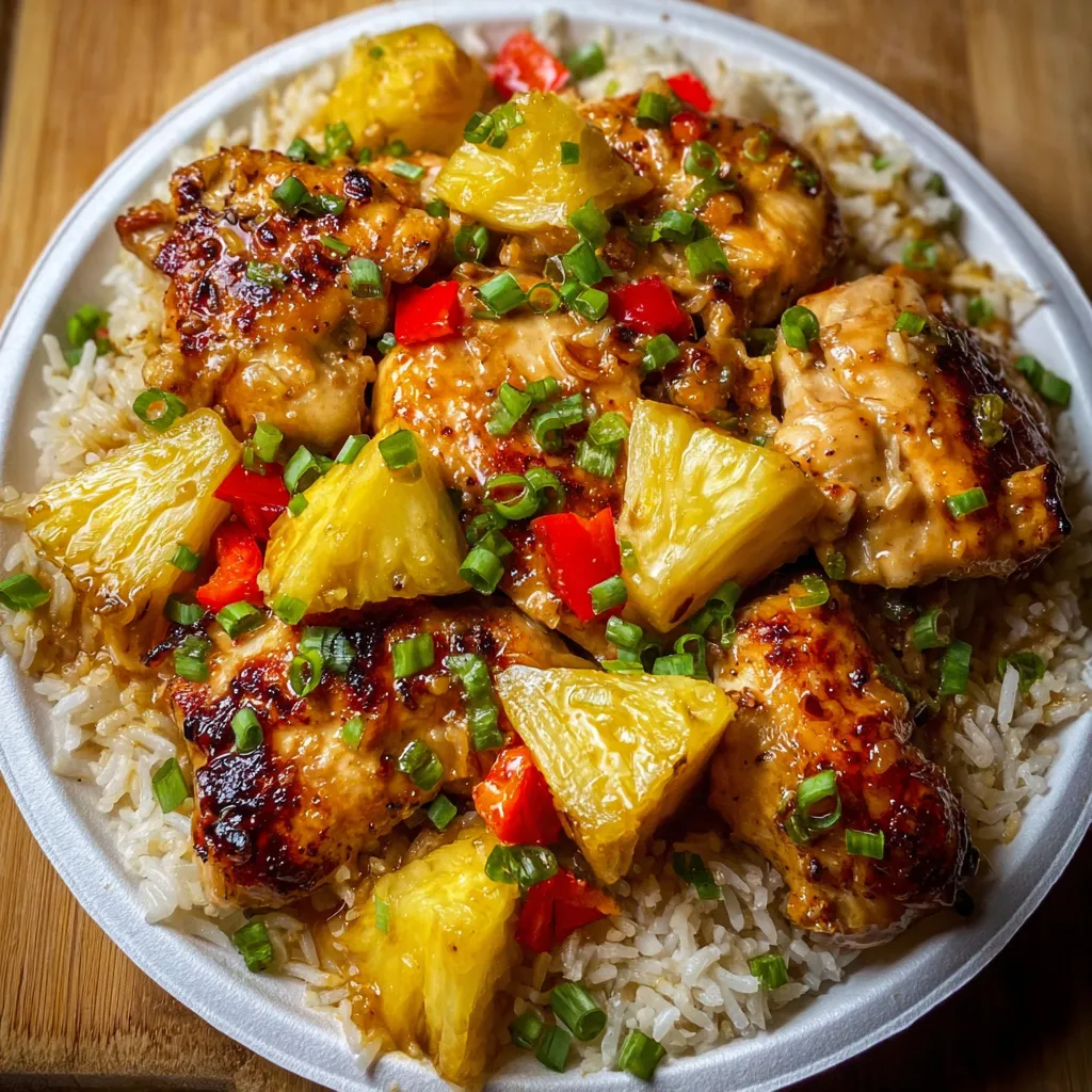 One pan pineapple chicken and rice dinner with sweet and savory Asian flavors and colorful vegetables