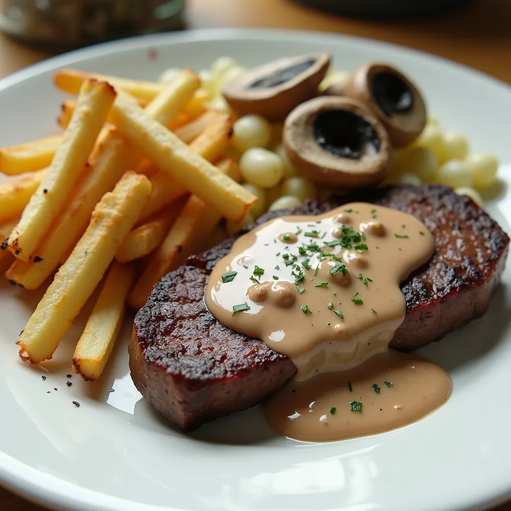 Perfectly seared beef steak with peppercorn cream sauce and crispy french fries