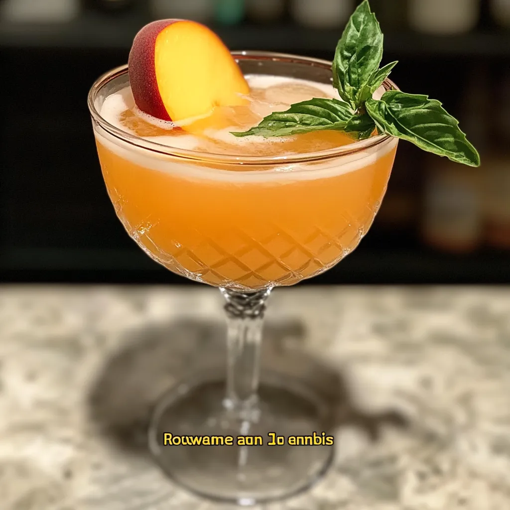 Elegant Royal Peach Cocktail with gorgeous amber color served in textured glass with fresh garnishes