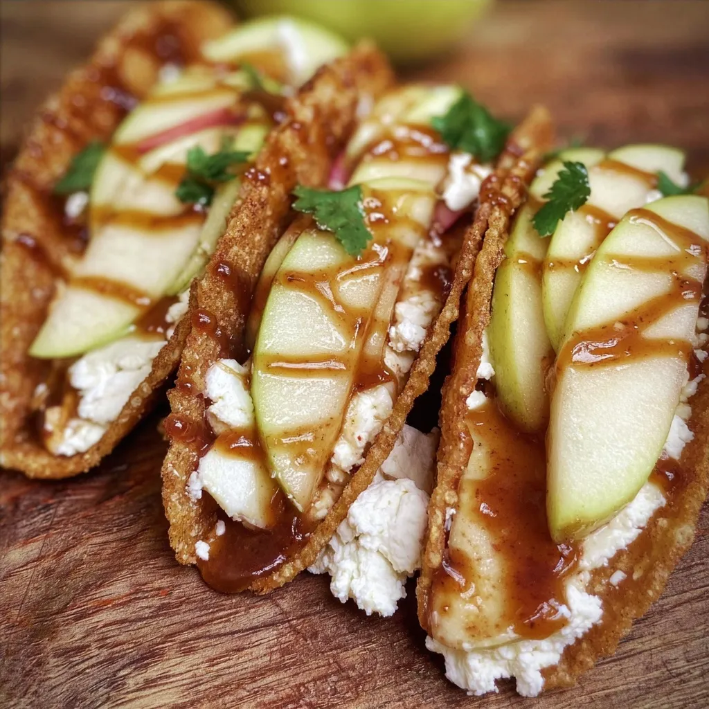 Innovative dessert tacos featuring sweet apple filling, creamy cheesecake base in golden cinnamon sugar shells