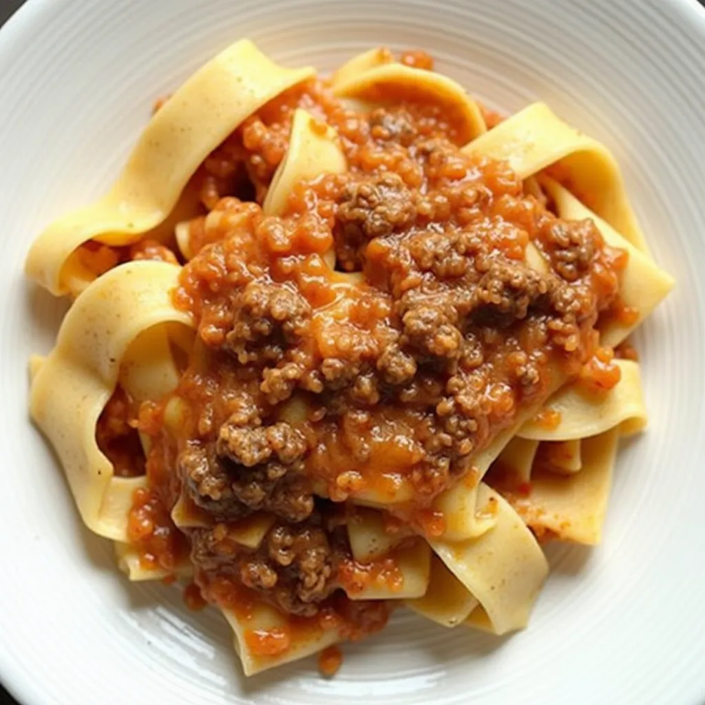 Wide ribbon pasta tossed with classic ground beef ragu sauce
