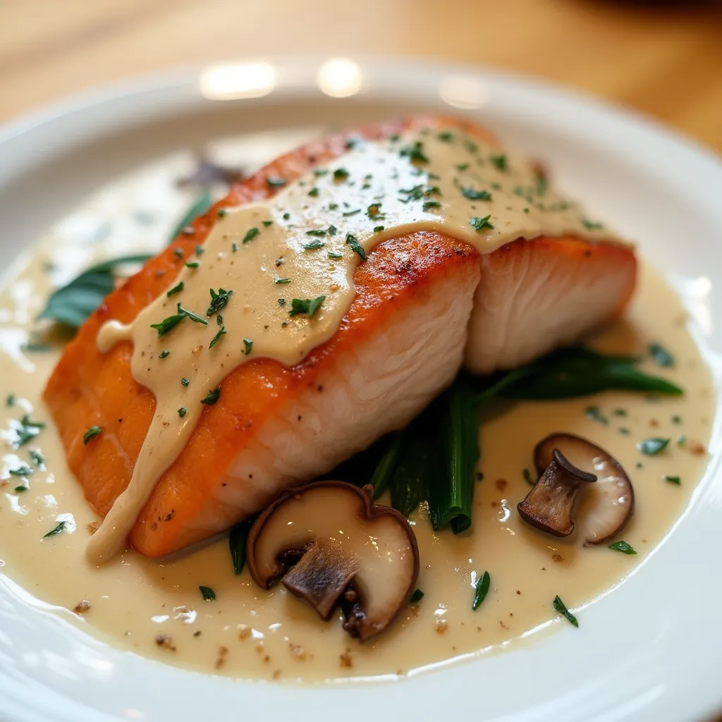 Perfectly cooked salmon with golden crust and herb-infused cream sauce on a white plate