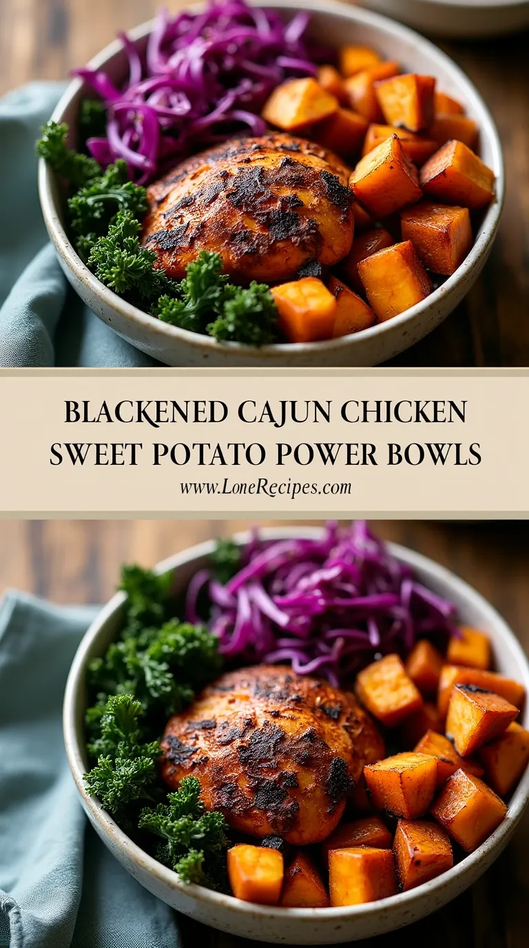 Healthy cajun spiced chicken bowls with roasted sweet potatoes and vibrant kale salad