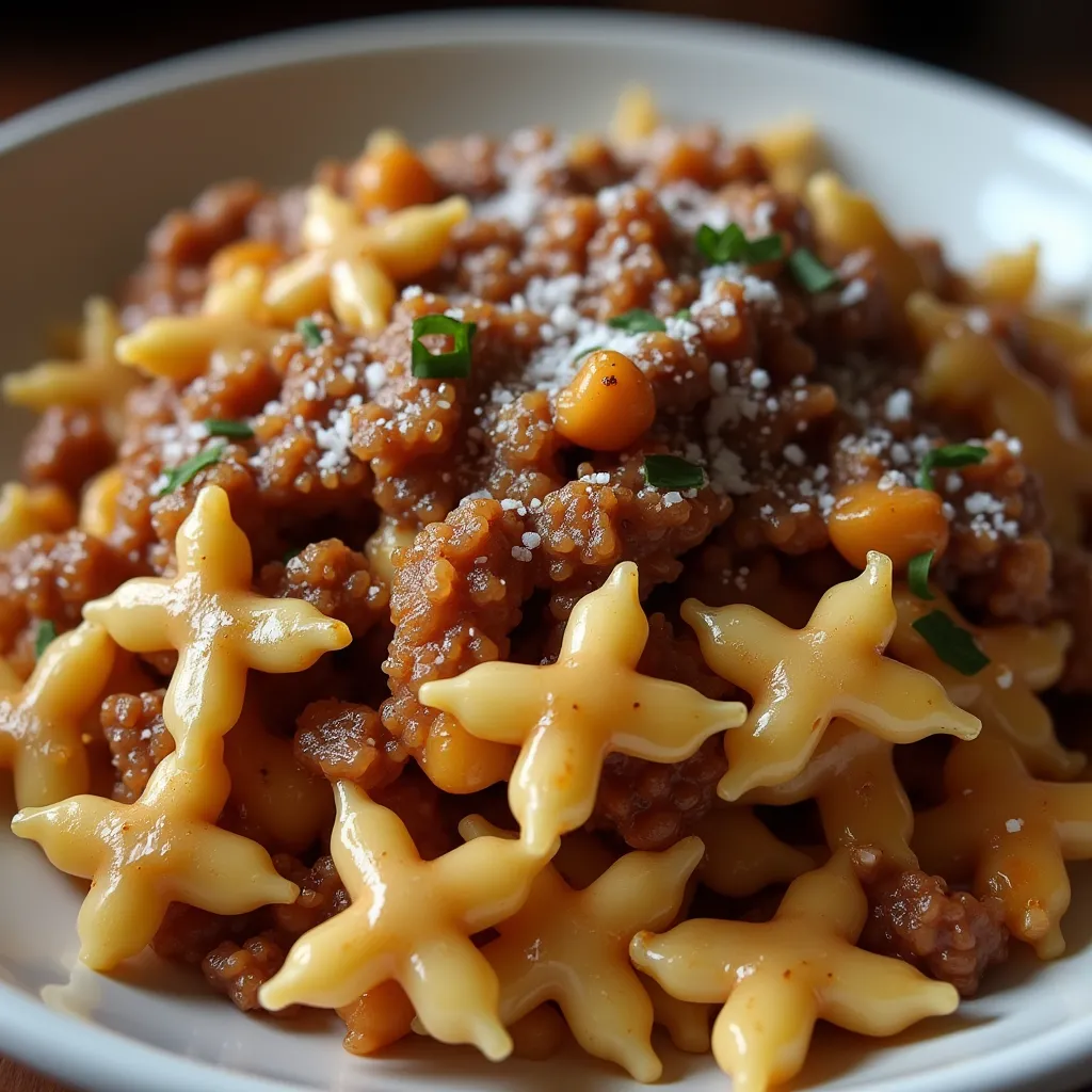Homemade beef bolognese with star pasta, garnished with grated cheese and parsley in a ceramic dish