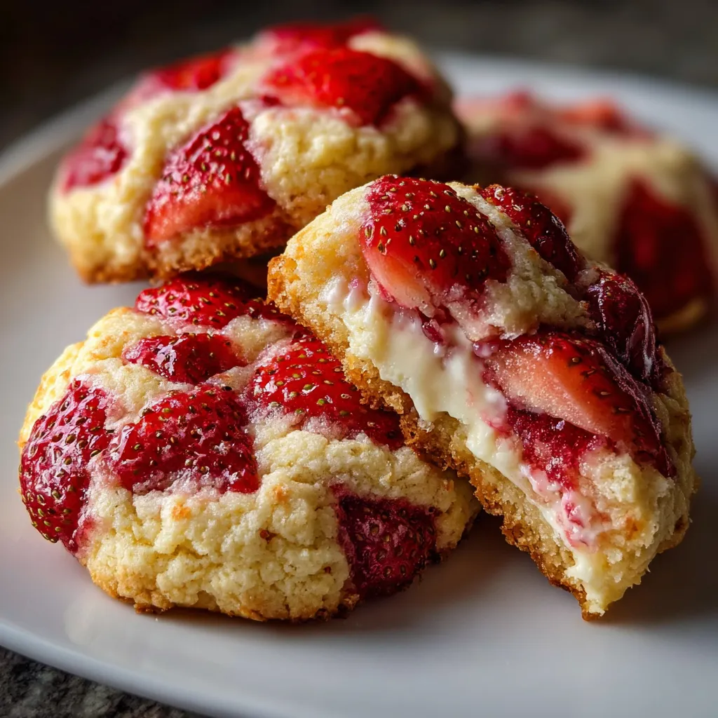 Golden cookies stuffed with creamy cheesecake and fresh strawberries on white plate