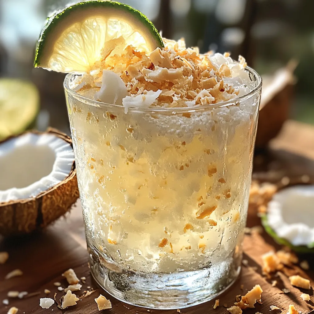Refreshing bubbly coconut drink with lime garnish surrounded by coconut shells and flakes